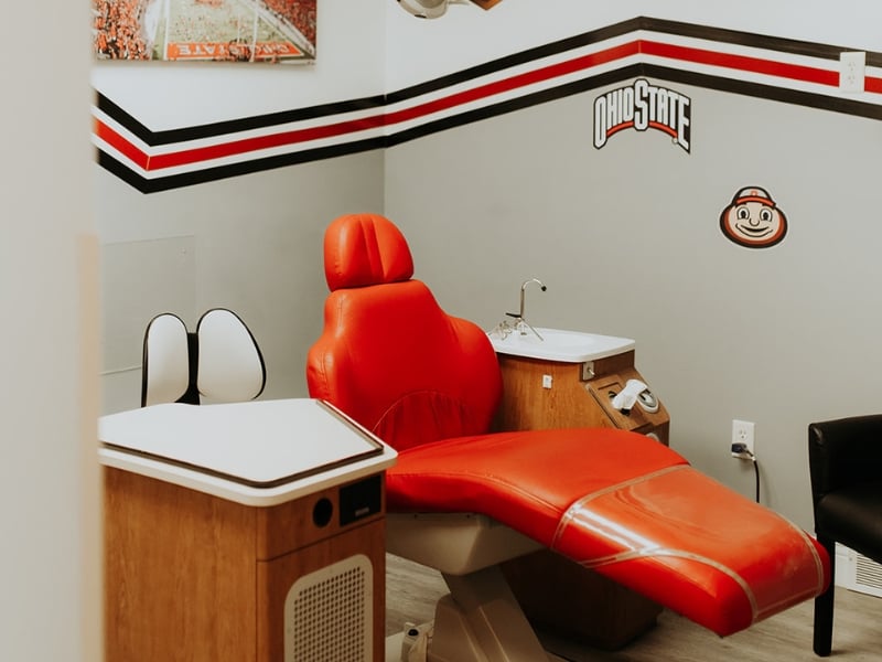 Ohio State themed orthodontist patient room